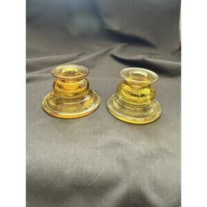 Vintage Federal Depression Glass Madrid Amber Yellow Candle Holders Set of 2